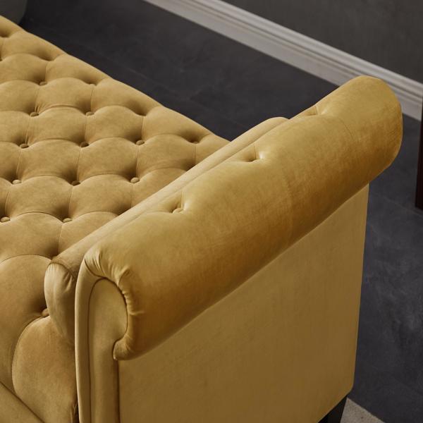 Brown, Solid Wood Legs Velvet Rectangular Sofa Bench with Attached Cylindrical Pillows