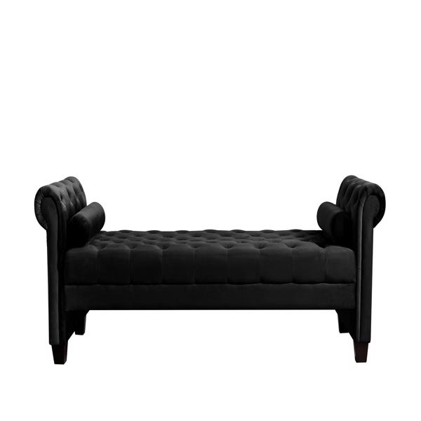 Black,  Solid Wood Legs Velvet Rectangular Sofa Bench with Attached Cylindrical Pillows 