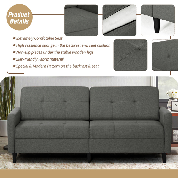  Linen Fabric Sofa Bed With Adjustable Backrest And Wooden Legs, Mordern Convertible Loveseat Couch For Your Living Room, Apartment, Office, Grey