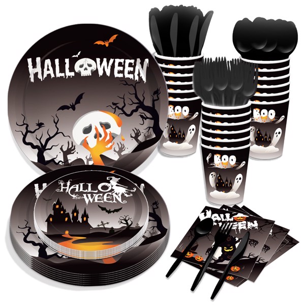 Halloween Black Paper Plates Birthday Party Supplies Disposable Tableware Paper Plates Set Cup Dinnerware Party Cutlery Kits Serves 8 Guests for Plates, Napkins,Cups 68PCS