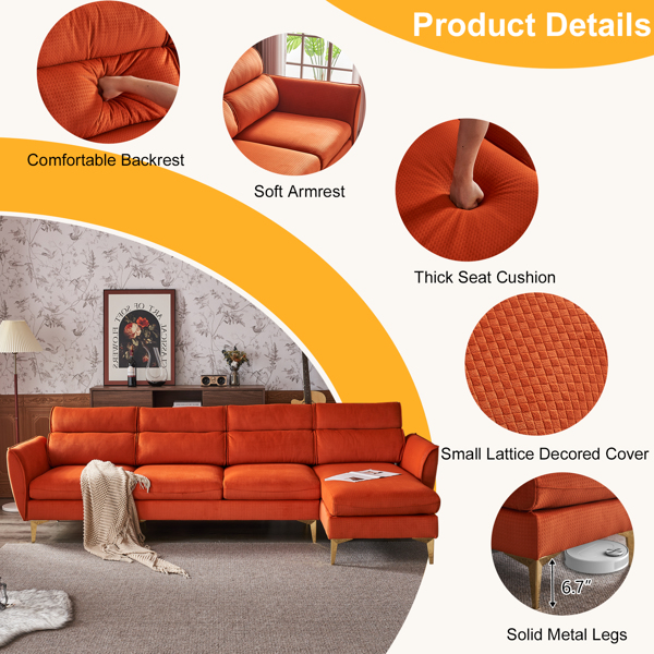 282*142*88cm Pushback Chair Shape Four Seats with Footstool Flannel Diamond Electroplated Gold Triple Leg Indoor Modular Sofa Burnt Orange Color