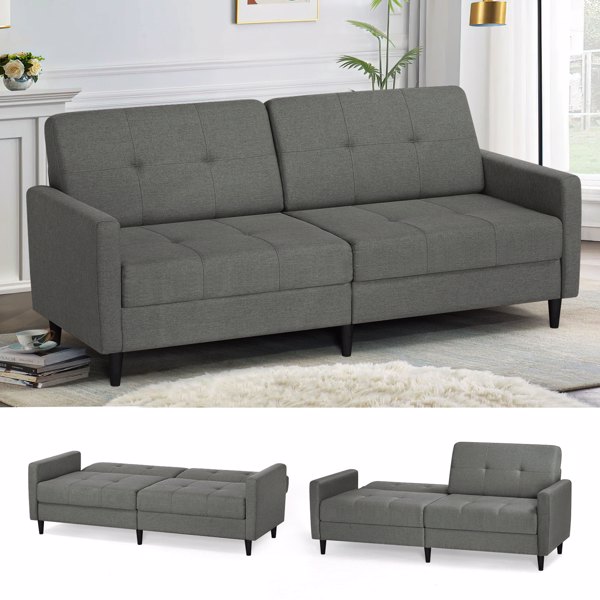  Linen Fabric Sofa Bed With Adjustable Backrest And Wooden Legs, Mordern Convertible Loveseat Couch For Your Living Room, Apartment, Office, Grey