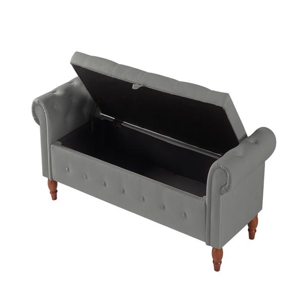 Grey, Solid Wood Legs, Velvet Bedroom End of Bed Storage Bench Rolled Side Sofa Bench Toy Storage Bench
