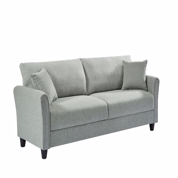 Grey Linen, Three-person Indoor Sofa, Two Throw Pillows, Solid Wood Frame, Plastic Feet