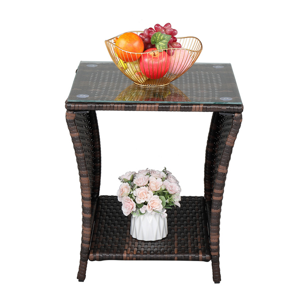 Glass Surface Brown Gradient Iron Frame Rattan Side Table