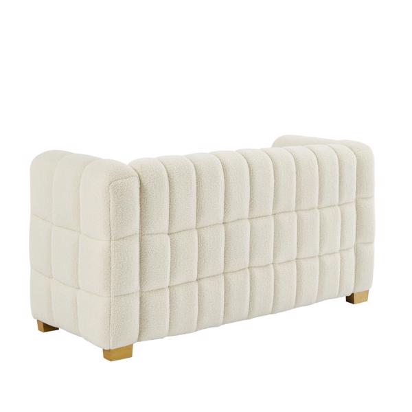 (Beige) Wide Square Arm Teddy Velvet Rectangular Sofa, 2 Pillows