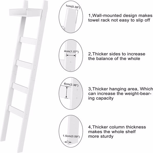 Blanket Ladder with Shelf, 5 Tier Towel Racks, Bamboo Blanket Holder, Decorative Blanket, Quilt, Towel, Scarf Ladder Shelves for Livingroom, Bedroom, Bathroom, Farmhouse (White)