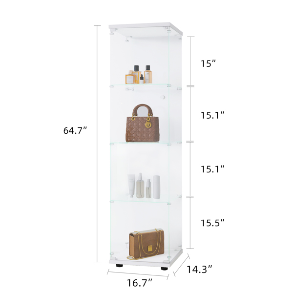 Glass Display Cabinet with 4 Shelves, Curio Cabinets for Living Room, Bedroom, Office, Black Floor Standing Glass Bookshelf, Quick Installation，64.7*16.7*14.3,White