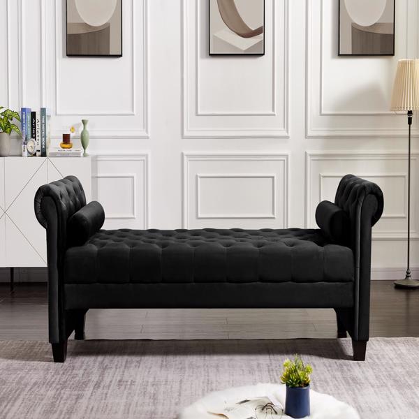 Black,  Solid Wood Legs Velvet Rectangular Sofa Bench with Attached Cylindrical Pillows 