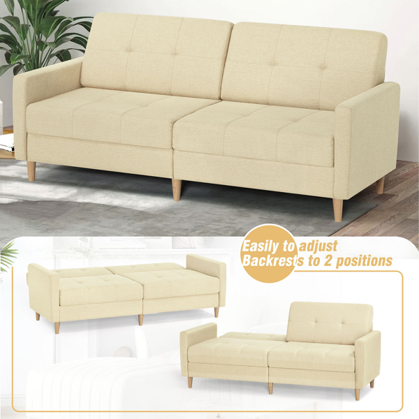  Linen Fabric Sofa Bed With Adjustable Backrest And Wooden Legs, Mordern Convertible Loveseat Couch For Your Living Room, Apartment, Office, Beige