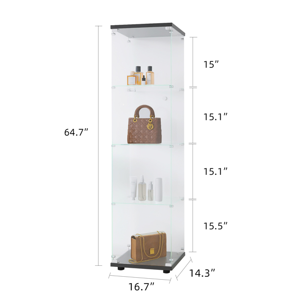 Glass Display Cabinet with 4 Shelves, Curio Cabinets for Living Room, Bedroom, Office, Black Floor Standing Glass Bookshelf, Quick Installation，64.7*16.7*14.3，Black