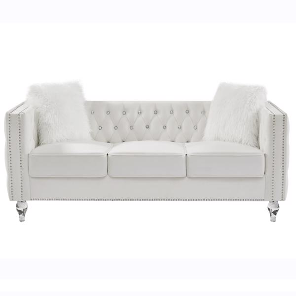 Beige, 2+3 Seat Sofa Set, Velvet Crystal Buckle Upholstery Sofa, Crystal Feet, Removable Cushion, Four Plush Pillow