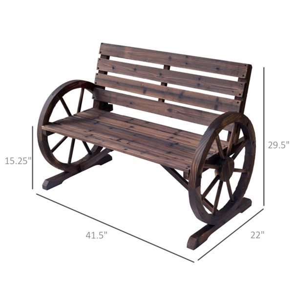 2-Person Seat Bench with Backrest Wooden Wagon Wheel Bench, Rustic Outdoor Patio Furniture-AS