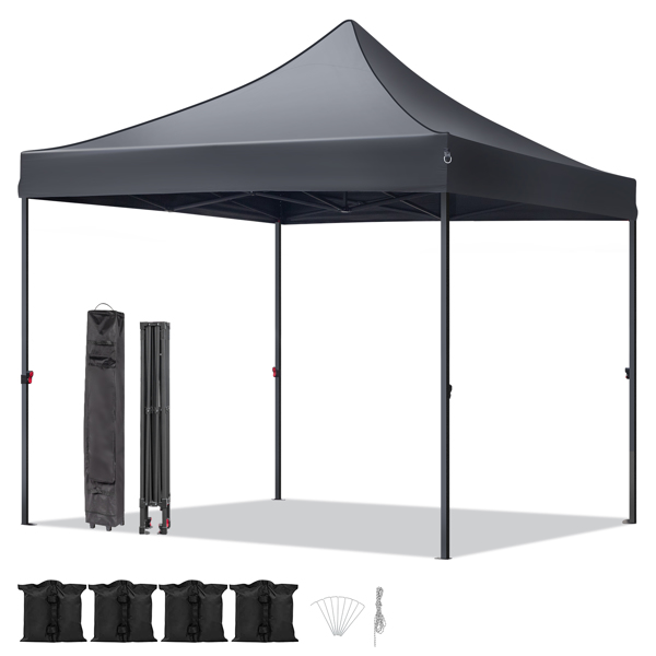 10x10ft Instant Portable Pop Up Canopy Tent  PVC Coated Shelter with Wheeled Carry Case, 4 Sand Bags - Black Top