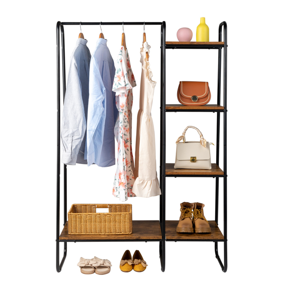 Clothes Rack with 5 Wood Shelf, Freestanding Clothing Rack，Garment Rack, Standing Metal Sturdy Clothing Rack, Black
