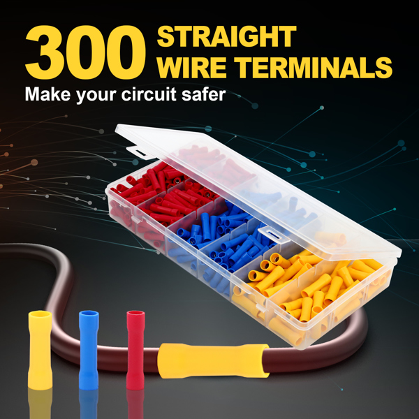 300pcs Insulated Straight Electrical Wire Butt Splice Terminals Crimp Connector