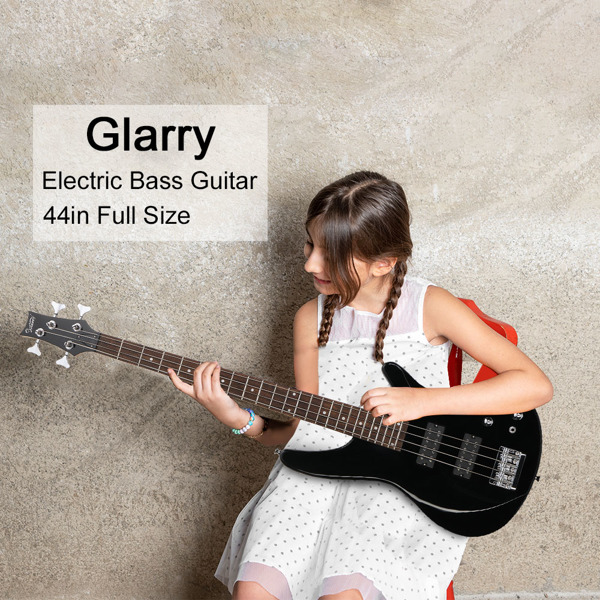 【Do Not Sell on Amazon】Glarry 44 Inch GIB 4 String H-H Pickup Laurel Wood Fingerboard Electric Bass Guitar with Bag and other Accessories Black