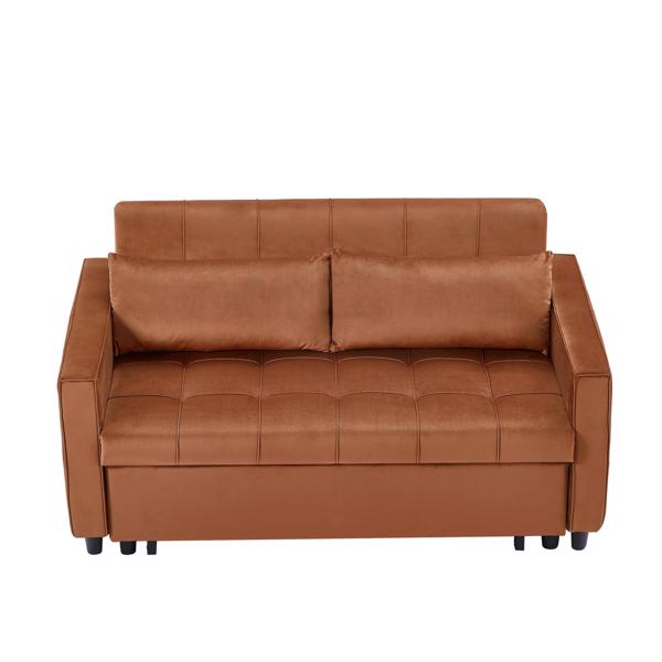 Caramel, Modern Velvet Recliner Sofa with Pullout Bed, Converts to Sofa Bed, Side Coffee Table, Adjustable Backrest, 2 Lumbar Pillows