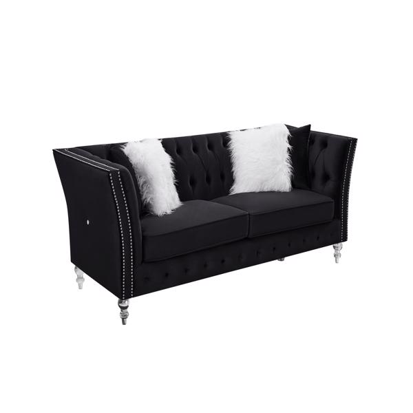 Black, Velvet, Three-Seater Sofa, Acrylic Feet, Cushion Combination Lounge Sofa, Deep Tufted Button Luxury Sofa for Living Room