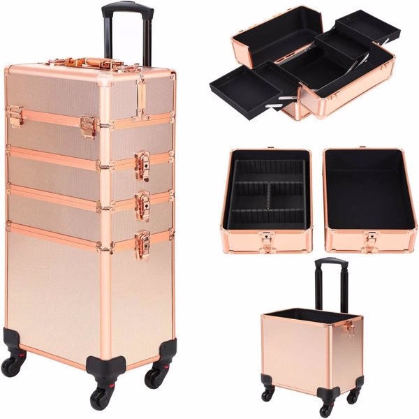 4 in 1 Portable Makeup Trolley Cart Aluminum Alloy Traveling Makeup Case Rose Gold