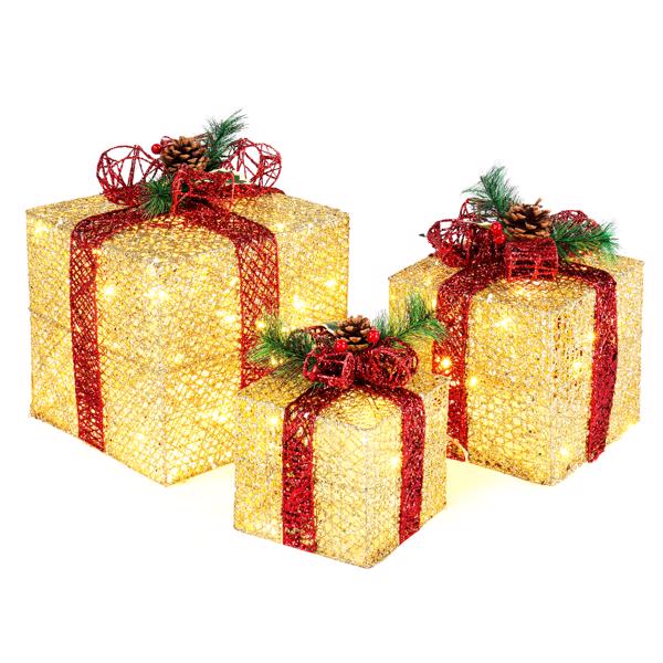 3pcs 10 Inch-8 Inch-6 Inch Golden Gift Box Garden Gift Box Decoration 5M Long Power Cord UK Gauge
