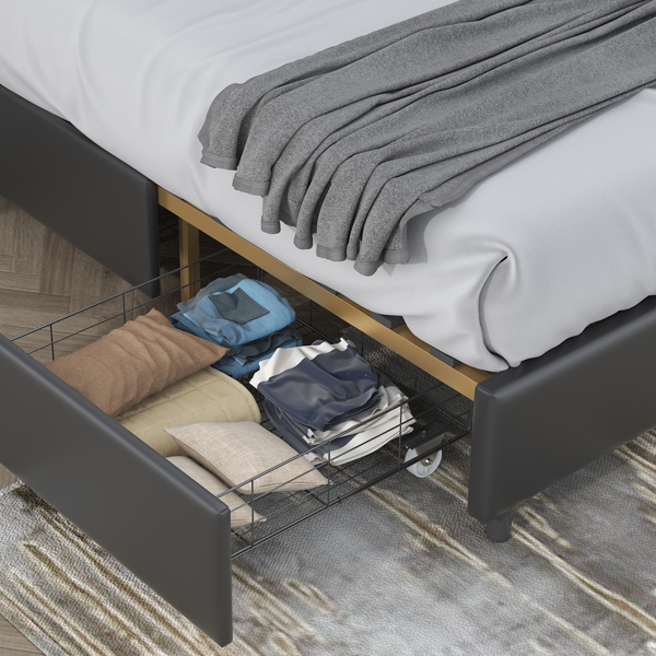 Classic buckle backrest, metal frame, solid wood ribs, with four storage drawers, sponge soft bag, comfortable and elegant atmosphere, black, f-size