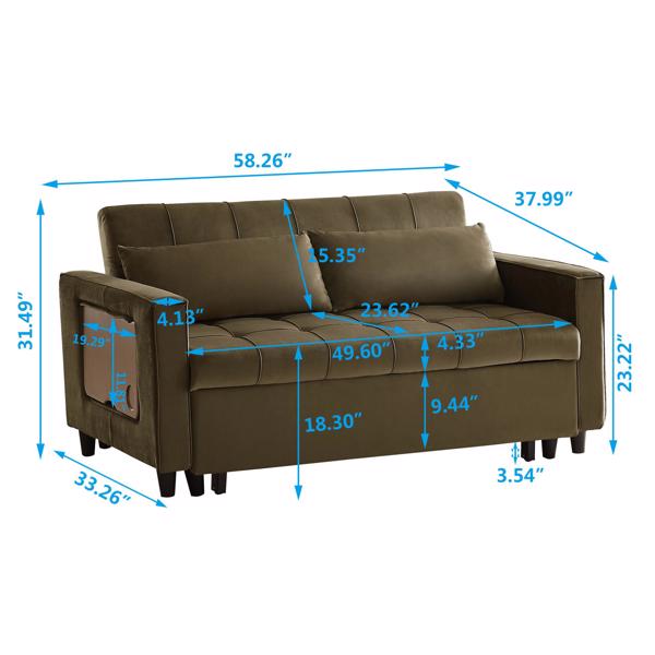 Light Brown, Modern Velvet Recliner Sofa with Pullout Bed, Converts to Sofa Bed, Side Coffee Table, Adjustable Backrest, 2 Lumbar Pillows
