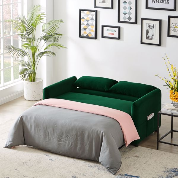 Double seat sofa bed sofa with pull-out bed, adjustable backrest with 2 lumbar pillows for small living rooms, apartments, etc.-Dark Green