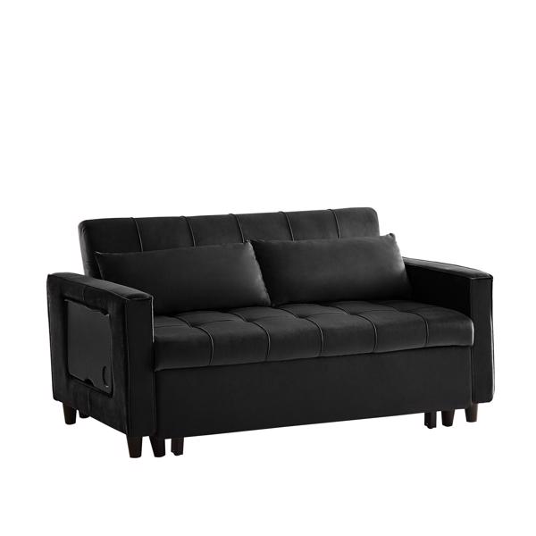 Black, Modern Velvet Recliner Sofa with Pullout Bed, Converts to Sofa Bed, Side Coffee Table, Adjustable Backrest, 2 Lumbar Pillows