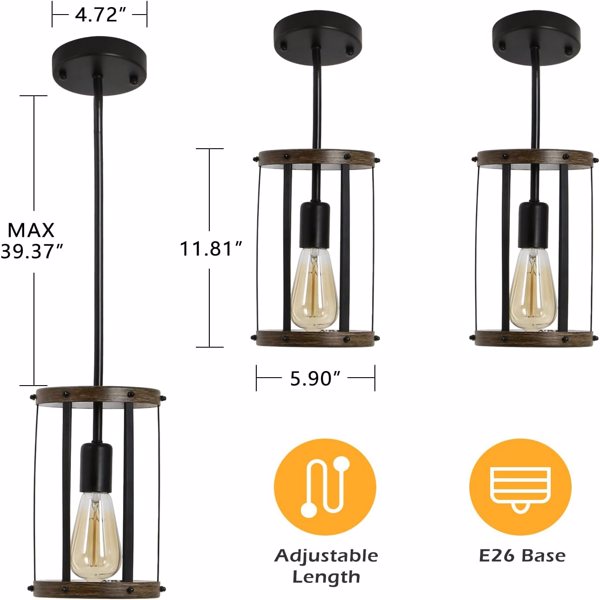Vintage Rustic Pendant Light Metal Cage Pendant Lamps with Adjustable Length Farmhouse Caged Hanging Lamp for Kitchen Island Living Room Dining Room Entryway，E26（1 Light）