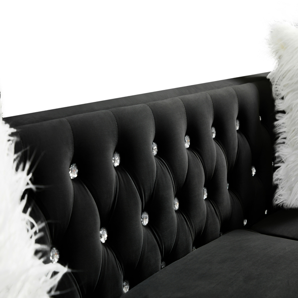 Black, Three-seater Sofa, Velvet Crystal Buckle Upholstery Sofa, Crystal Feet, Removable Cushion, Two Plush Pillow