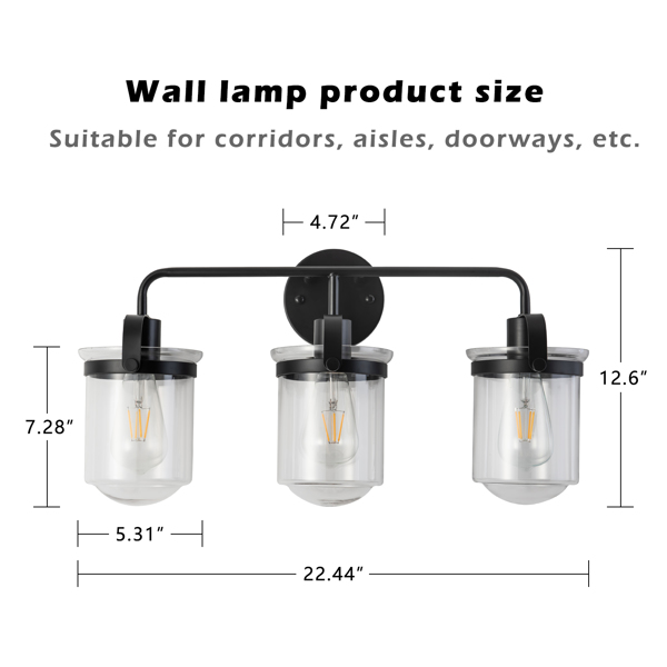 Wall Sconces Set of 3 with Clear Glass Shade,Modern Wall Sconce,Industrial Indoor Wall Light Fixture for Bathroom Living Room Bedroom Over Kitchen Sink,E26 Socket,Bulbs Not Included