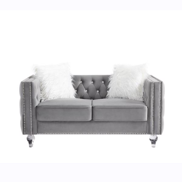 Gray, Two-seater Sofa, Velvet Crystal Buckle Upholstery Sofa, Crystal Feet, Removable Cushion, Two Plush Pillow