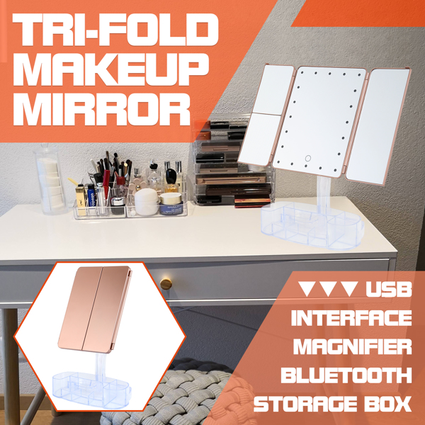 Tri-Fold Vanity Makeup Mirror 20 LED Lighted 10X Magnifying Folding Cosmetic