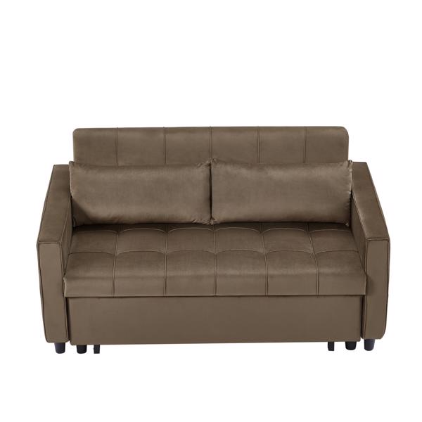 Light Brown, Modern Velvet Recliner Sofa with Pullout Bed, Converts to Sofa Bed, Side Coffee Table, Adjustable Backrest, 2 Lumbar Pillows