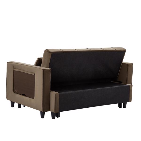 Light Brown, Modern Velvet Recliner Sofa with Pullout Bed, Converts to Sofa Bed, Side Coffee Table, Adjustable Backrest, 2 Lumbar Pillows