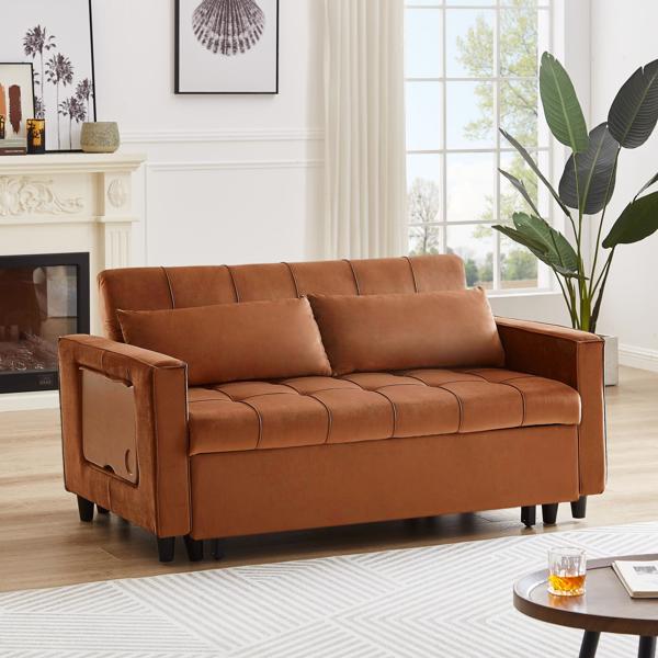 Caramel, Modern Velvet Recliner Sofa with Pullout Bed, Converts to Sofa Bed, Side Coffee Table, Adjustable Backrest, 2 Lumbar Pillows