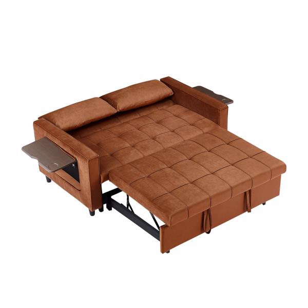 Caramel, Modern Velvet Recliner Sofa with Pullout Bed, Converts to Sofa Bed, Side Coffee Table, Adjustable Backrest, 2 Lumbar Pillows