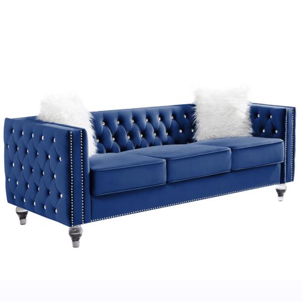 Navy Blue, Three-seater Sofa, Velvet Crystal Buckle Upholstery Sofa, Crystal Feet, Removable Cushion, Two Plush Pillow