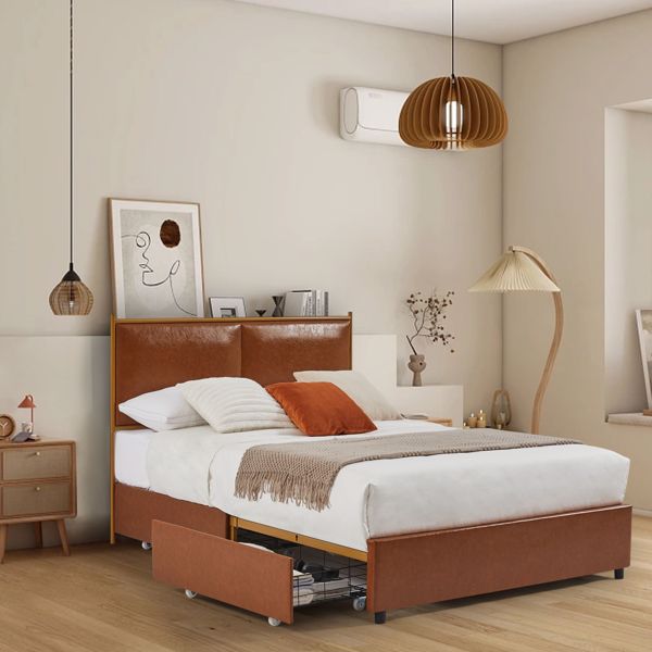 Classic steamed bread shaped backrest, metal frame, solid wood ribs, with four storage drawers, sponge soft bag, comfortable and elegant atmosphere, coffee