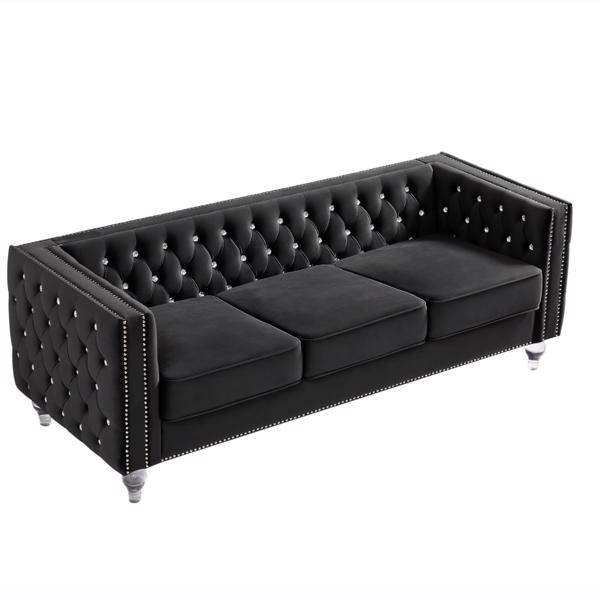 Black, Three-seater Sofa, Velvet Crystal Buckle Upholstery Sofa, Crystal Feet, Removable Cushion, Two Plush Pillow