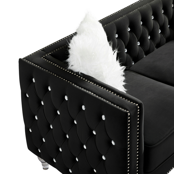 Black, Three-seater Sofa, Velvet Crystal Buckle Upholstery Sofa, Crystal Feet, Removable Cushion, Two Plush Pillow