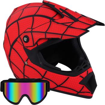 Youth DOT Motorcycle Helmets Full Face Safety Off Road Helmet Red Spider For Dirt Bicycle Cycling Racing Bike Motocross ATV With Goggles Size L