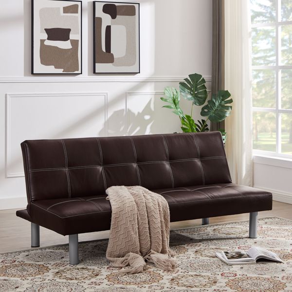 Three-person foldable sofa bed, PU leather, solid wood frame and metal foot support，Can be laid flat as a bed.