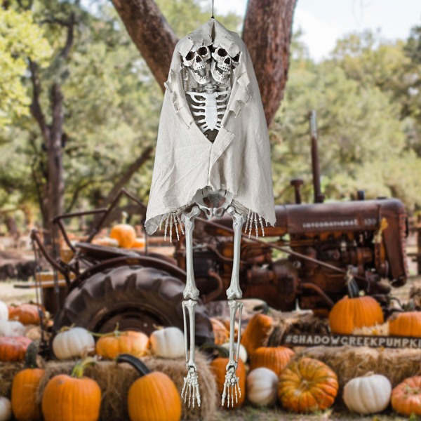 65" Two Headed Halloween Skeleton Bone Life Size Posable Prop Spooky Party Decoration Haunted House Bird Deterrent （No shipments on weekends）