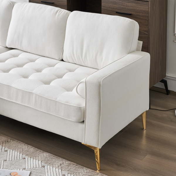 218*141*87cm Burlap Diamond Electroplated Gold Trident Legs Three Seats With Footstool Indoor Modular Sofa Beige