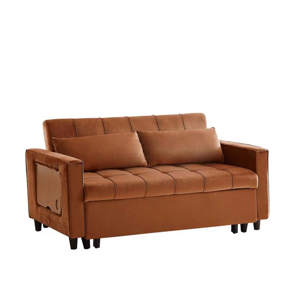 Caramel, Modern Velvet Recliner Sofa with Pullout Bed, Converts to Sofa Bed, Side Coffee Table, Adjustable Backrest, 2 Lumbar Pillows