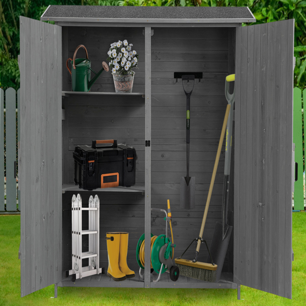 Outdoor Storage Shed with Lockable Door, Wooden Tool Storage Shed with Detachable Shelves and Pitch Roof, Gray