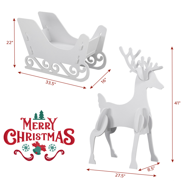 2 Deer Pulls 1 Sled PVC Garden Elk Decoration White