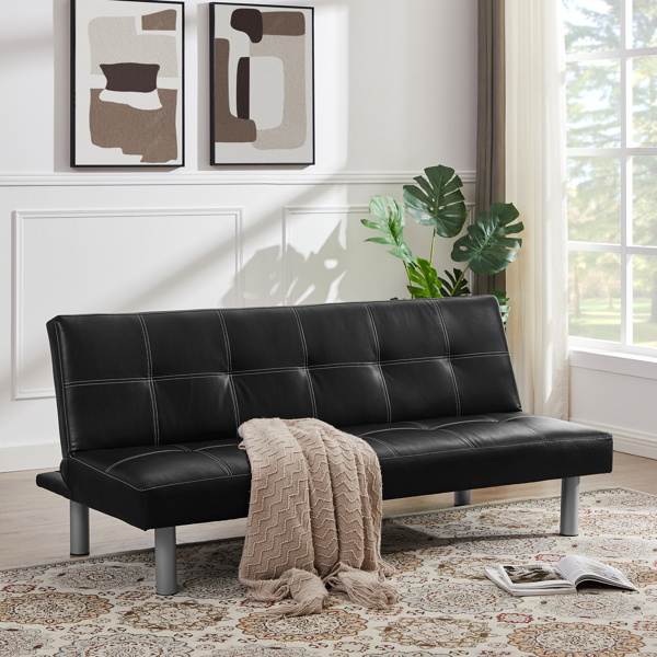 Three-person foldable sofa bed, PU leather, solid wood frame and metal foot support，Can be laid flat as a bed.